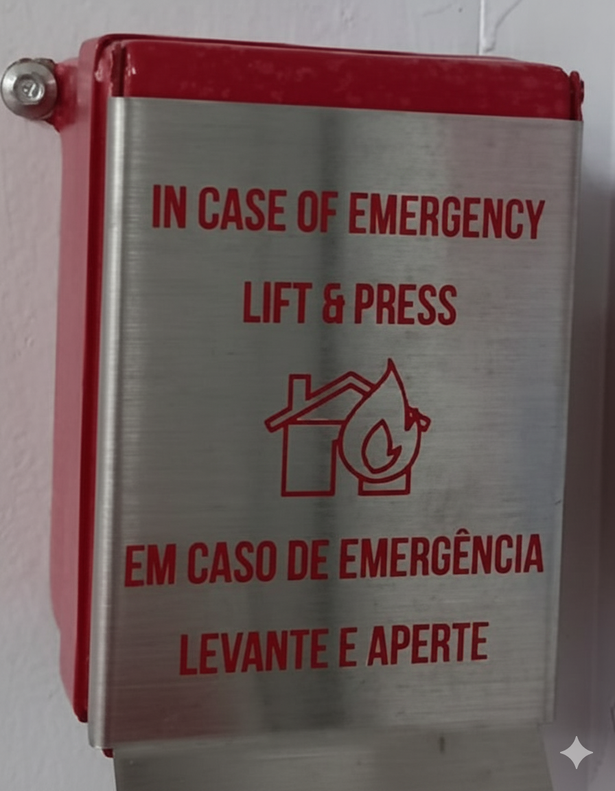 Acionador manual de emergência com instrução: Levante e Aperte