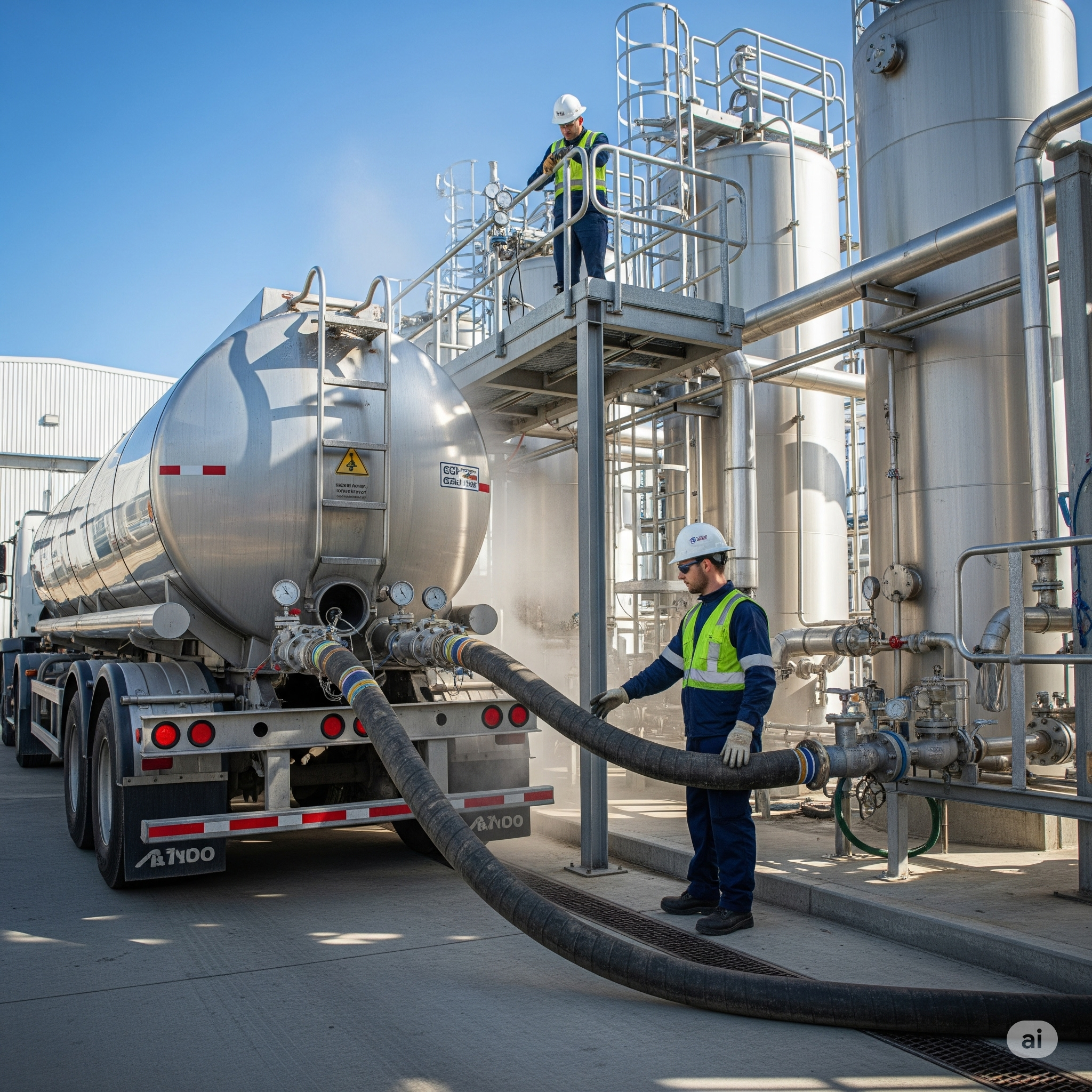 Descarregamento seguro de produtos químicos por caminhão-tanque